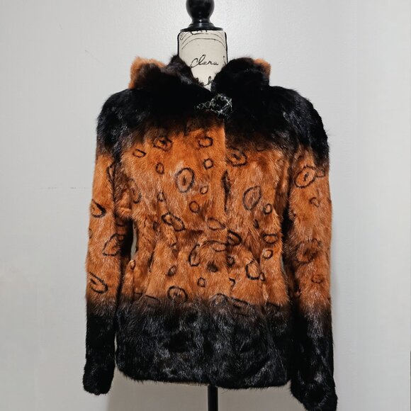 New Real Mink Fur Coat Jacket Blazer Copper Brown Hooded Animal Printed Circle - Picture 3 of 7